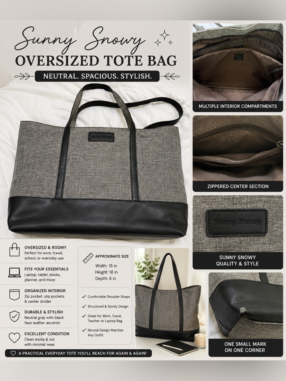 Sunny Snowy Gray Tote Bag for Men with Black Trim